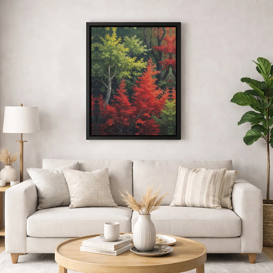 Autumn Forest Canvas Wall Art | Vibrant Red and Green Fall Trees Landscape | 1.25-Inch Premium Gallery Wrap | Nature-Inspired Home Decor Gift