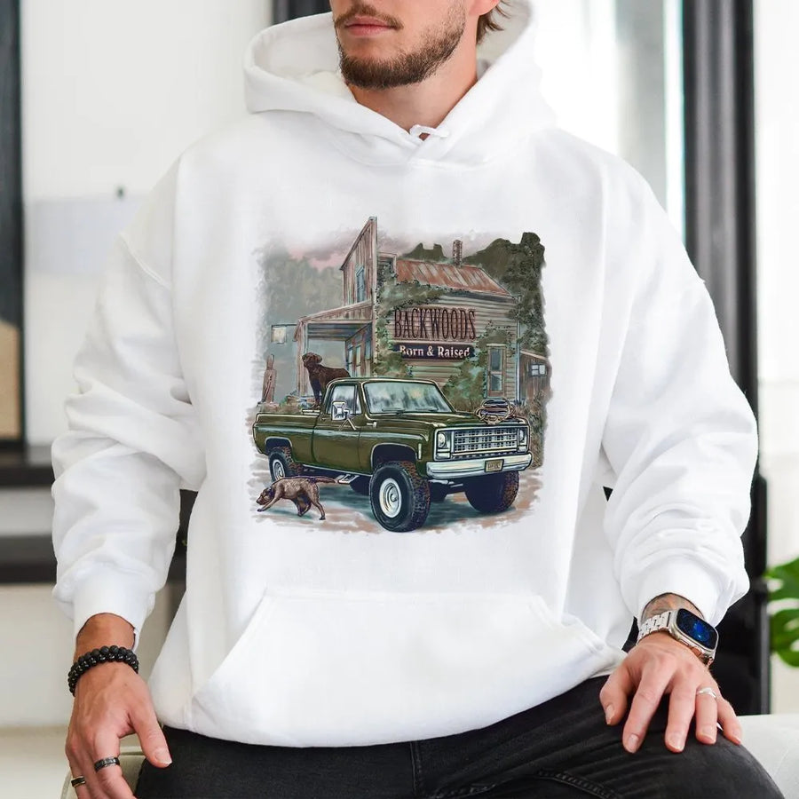 Backwoods Born & Raised Hoodie | Rustic Country Vintage Truck Graphic | Comfort Colors Cotton | Southern Lifestyle Gift for Men & Women