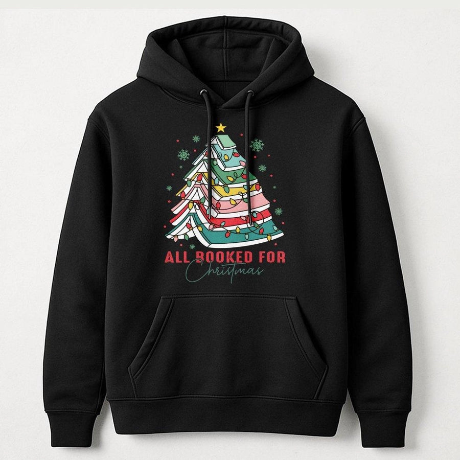 All Booked For Christmas Hoodie | Book Lover Tree Graphic | Premium Cotton Blend | Gift For Teachers Librarians Readers
