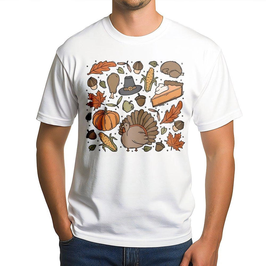 Thanksgiving Doodle T-Shirt | Fall Pumpkin Turkey Graphic | Premium Soft Cotton Tee | Cute Thanksgiving Outfit Gift for Women & Families