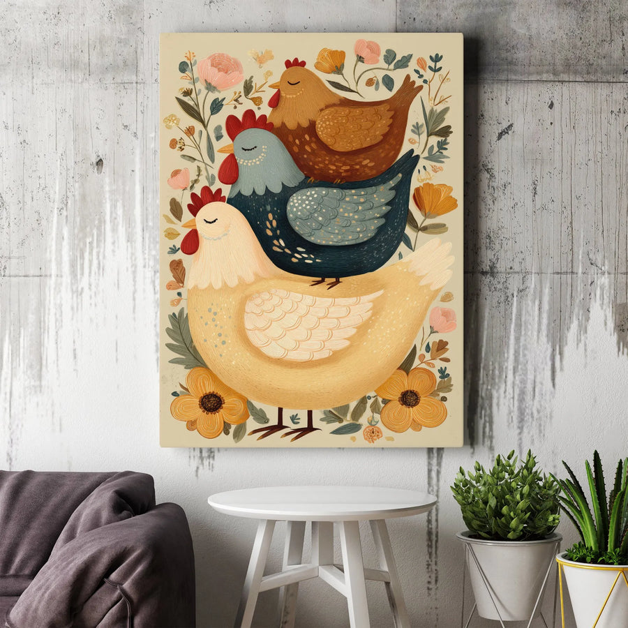 Three Stacked Chickens Canvas Wall Art | Whimsical Folk Art Farmhouse Decor | Premium Gallery Wrap Print | Charming Kitchen & Cottage Gift