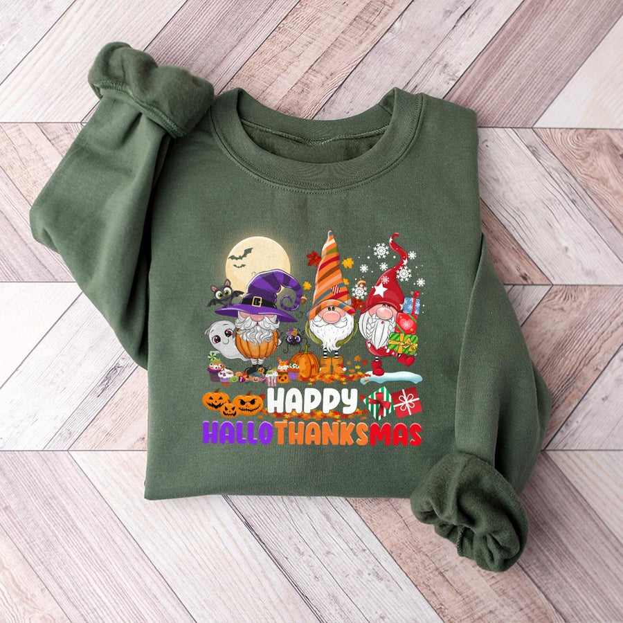 Hallothanksmas Sweatshirt | Cute Gnome Holiday Graphic Print | Premium Cotton Blend Crewneck | Unisex Funny Halloween Thanksgiving Christmas Gift