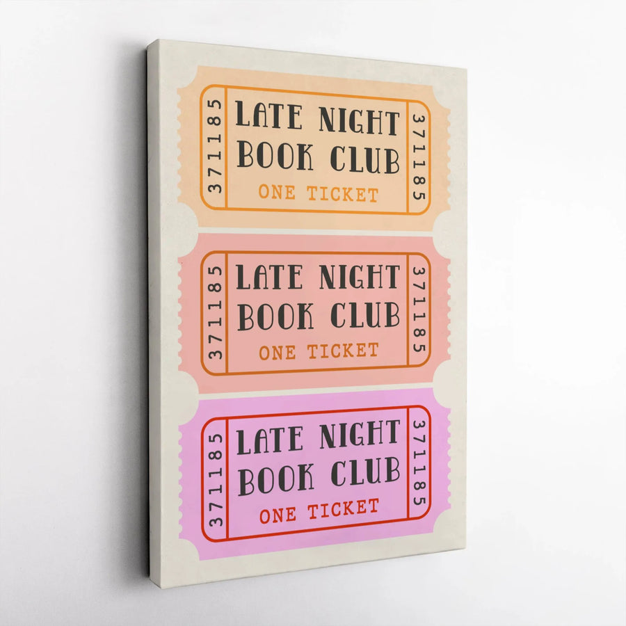 Late Night Book Club Canvas Art | Retro Admission Ticket Design | Premium Fade-Resistant Print | Book Lover Gift for Home Office Decor