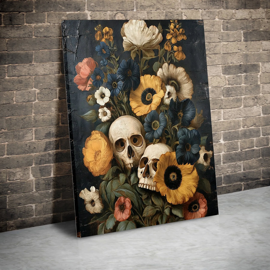 Dark Floral Skull Canvas Print | Gothic Flower Still Life Art | Premium Gallery Wrapped Wall Decor | Moody Home Office Gift