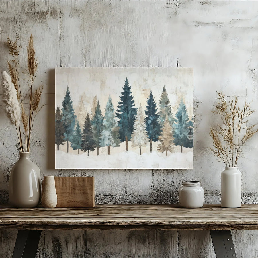 Winter Pine Forest Canvas Print | Abstract Blue and Beige Trees | 1.25-Inch Gallery Wrapped Wall Art | Modern Rustic Home Decor Gift