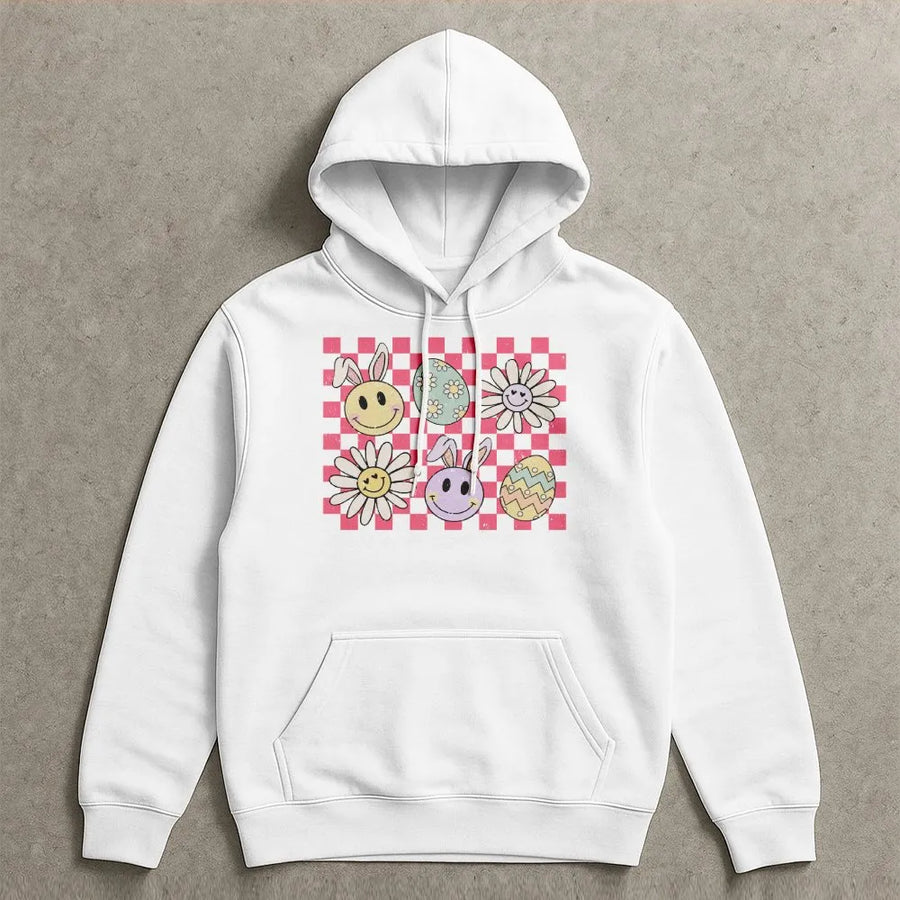 Easter Bunny Hoodie | Retro Checkerboard Smiley Design | Premium Cotton Blend | Cute Spring Holiday Gift for Adults