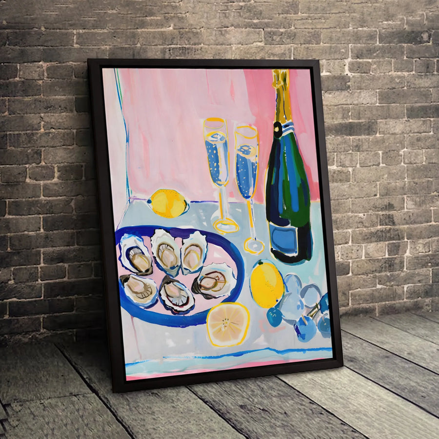 Champagne and Oysters Wall Art | Modern Still Life Kitchen Painting | Gallery-Quality Canvas Print | Chic Dining Room Decor Gift