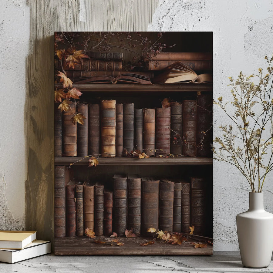 Vintage Bookshelf Wall Art | Dark Academia Autumn Library Decor | Premium Gallery Wrap Canvas | Cozy Literary Gift for Book Lovers