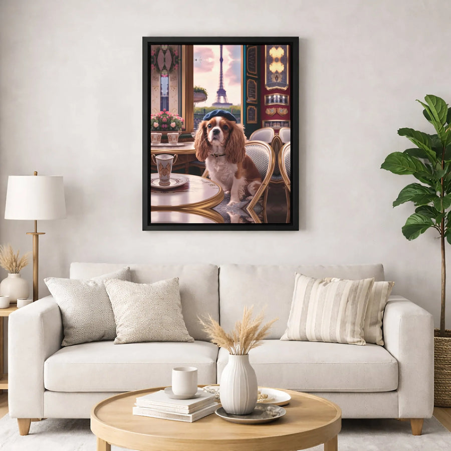 Cavalier King Charles Spaniel Wall Art | Paris Cafe Dog In Beret | Premium Gallery Wrapped Canvas | Chic Pet Lover Home Decor Gift