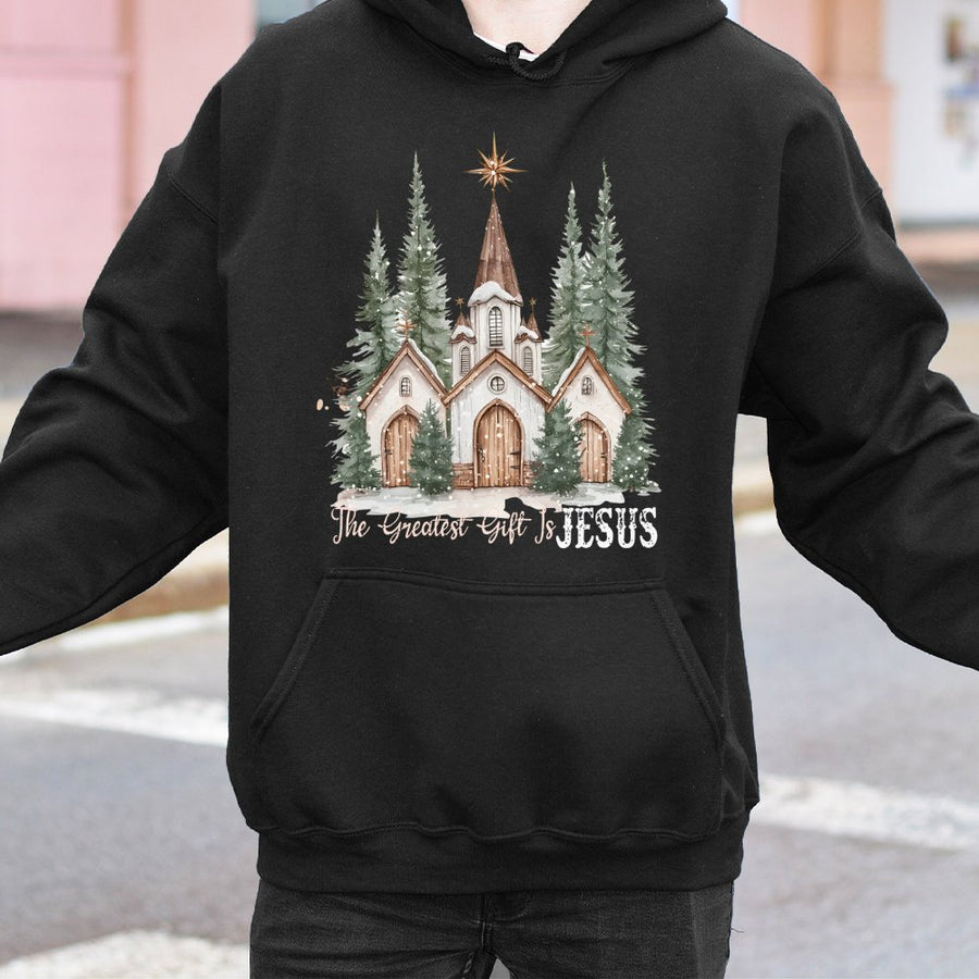 The Greatest Gift Is Jesus Hoodie | Watercolor Christmas Church Graphic | Premium Cotton Blend | Christian Faith Religious Gift for Women & Men