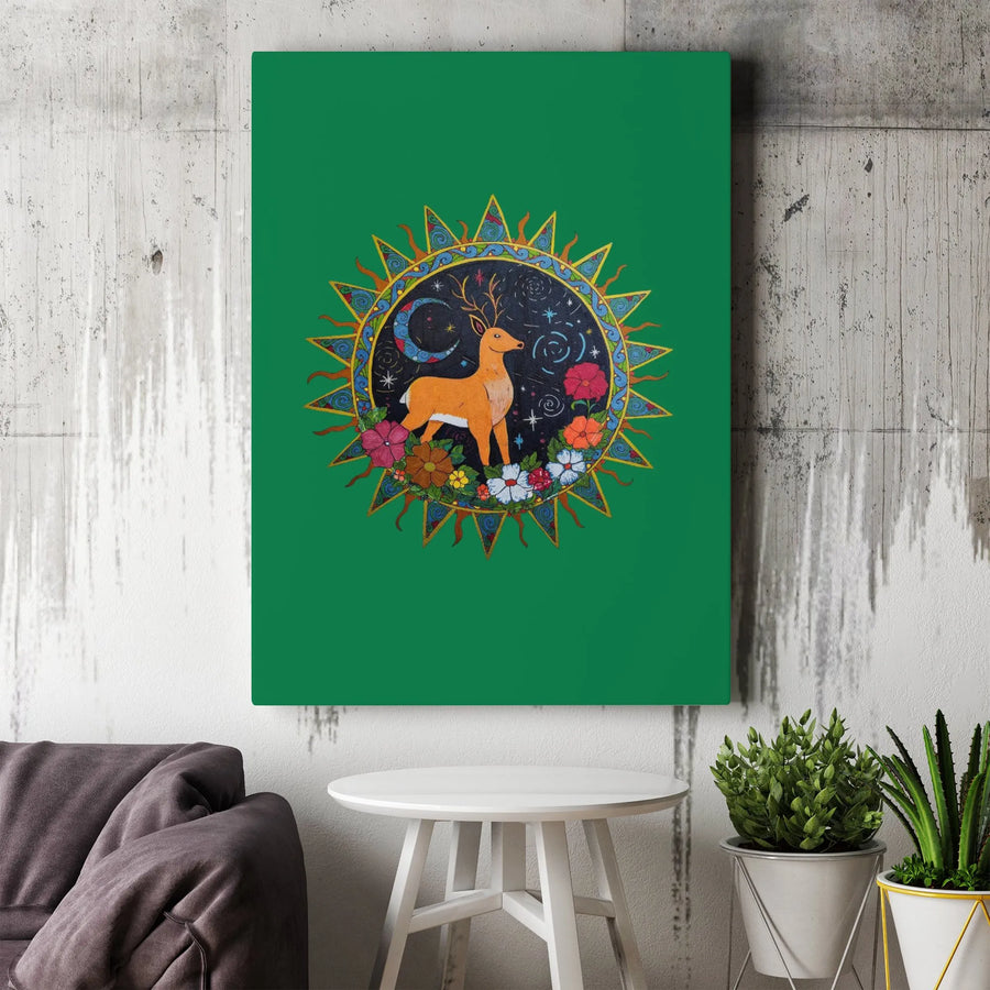 Celestial Deer Canvas Print | Boho Sun and Moon Folk Art Wall Decor | Premium 1.25" Gallery Wrap | Mystical Forest Animal Gift for Nature Lovers