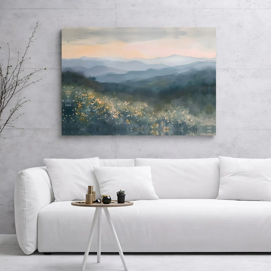 Misty Mountain Landscape Canvas Print | Watercolor Wildflower Meadow Art | 1.25-Inch Gallery Wrap | Serene Nature Wall Decor for Living Room