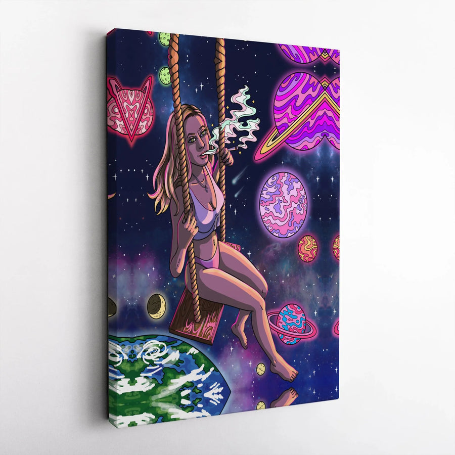 Trippy Space Girl Canvas Print | Psychedelic Cosmic Galaxy Illustration | Premium Gallery Wrapped Wall Art | Collector's Stoner Room Decor Gift