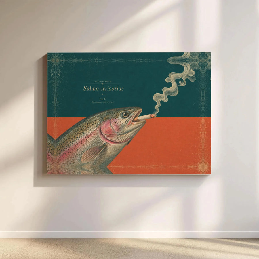 Smoking Fish Horizontal Canvas | Vintage Rainbow Trout Scientific Poster Art | Premium 1.25 In Gallery Wrap | Funny Cabin Decor Gift for Fisherman