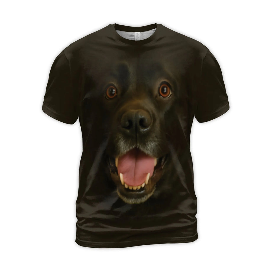 Black Labrador Face 3D T-Shirt | Realistic All-Over Animal Print | Premium Soft Stretch Jersey | Gift for Dog Lovers and Pet Owners