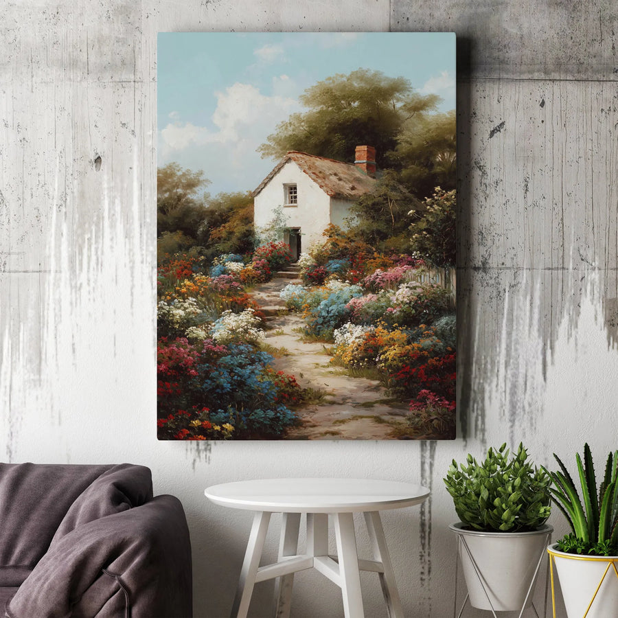 English Cottage Canvas Wall Art | Impressionist Flower Garden Landscape | Gallery Wrapped Premium Print | Vintage Country Home Decor Gift