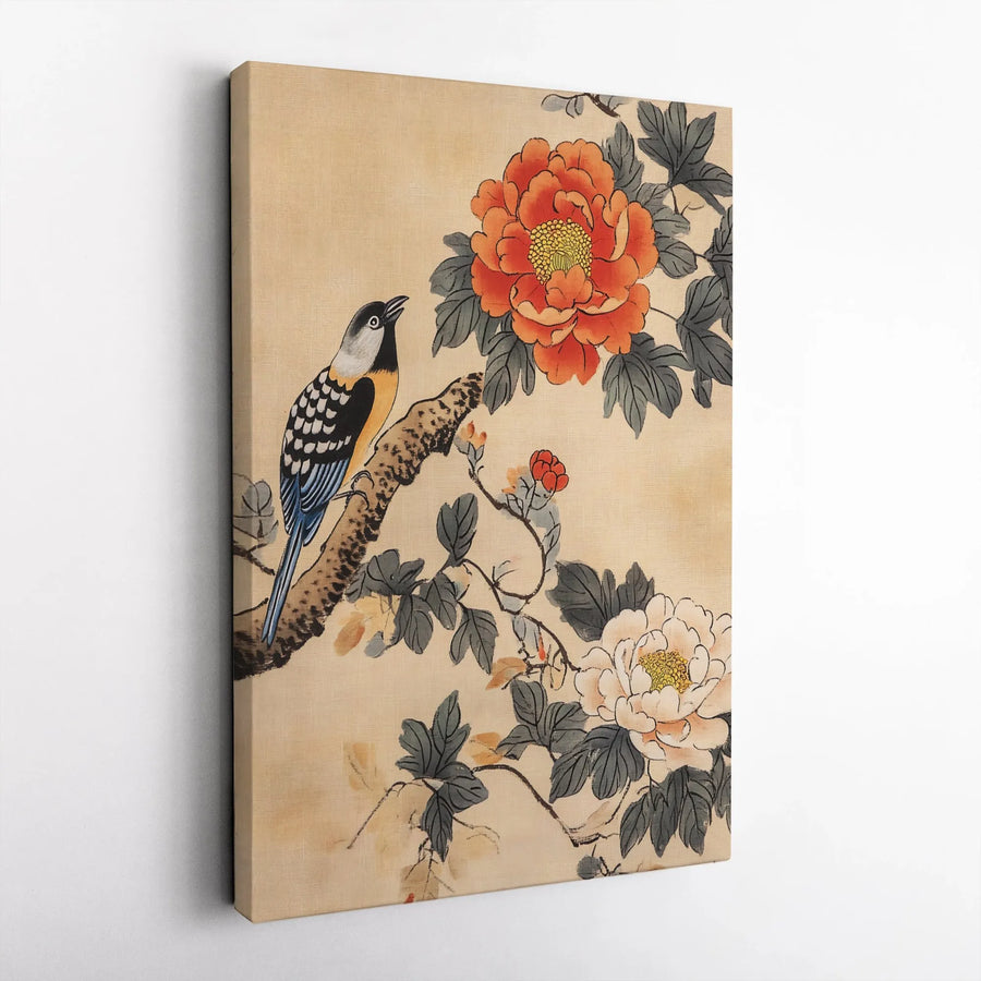 Japanese Bird and Peony Canvas Print | Vintage Ukiyo-e Style Illustration | Premium Gallery Wrapped Canvas | Asian Inspired Home Decor Gift
