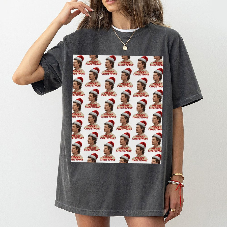 Christmas Graphic T-Shirt | Retro Santa Hat Man Pattern Print | 100% Cotton Premium Tee | Fun Holiday Festive Gift for Him and Her