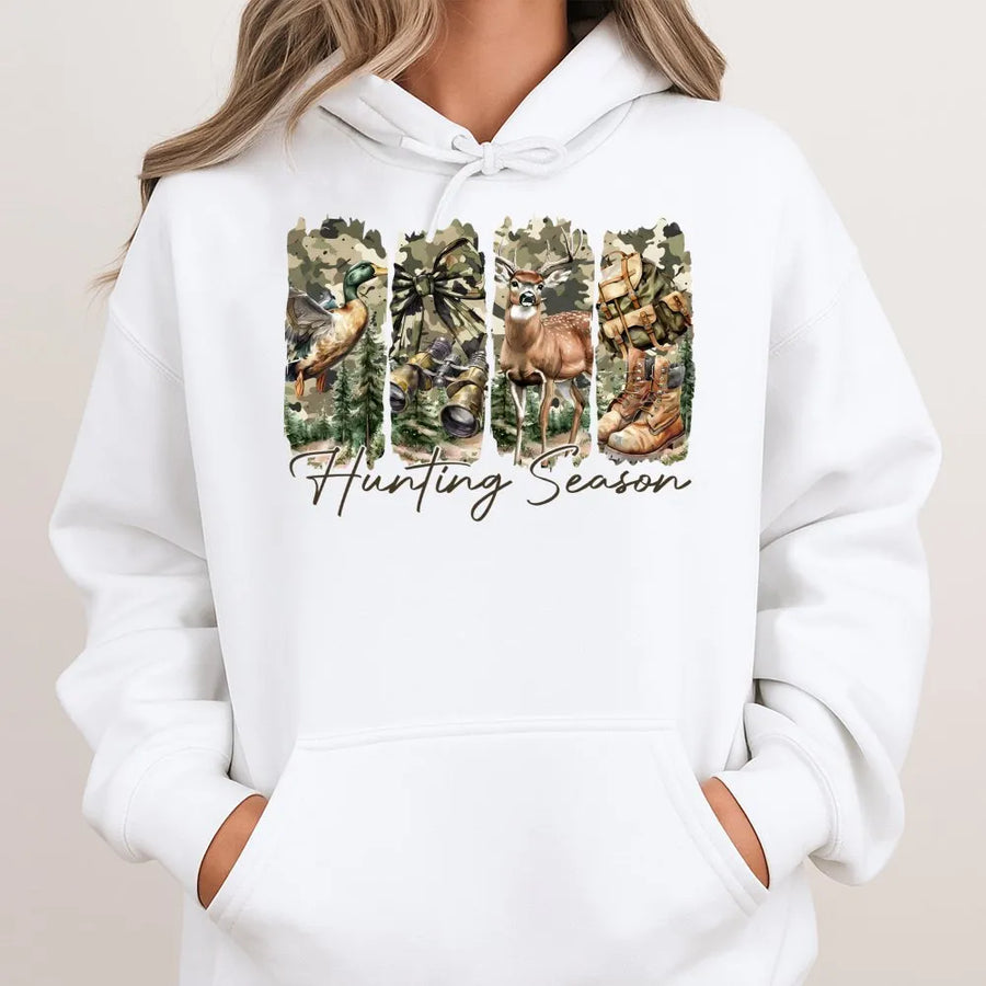 Hunting Season Hoodie | Camo Coquette Bow Deer and Duck Graphic | Premium Cotton Blend | Gift for Hunter and Outdoor Lover