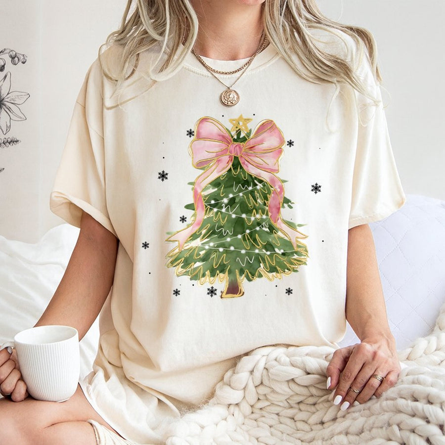 Watercolor Christmas Tree T-Shirt | Pink Bow Aesthetic Holiday Design | Premium Cotton Tee | Cute Coquette Style Christmas Gift for Women