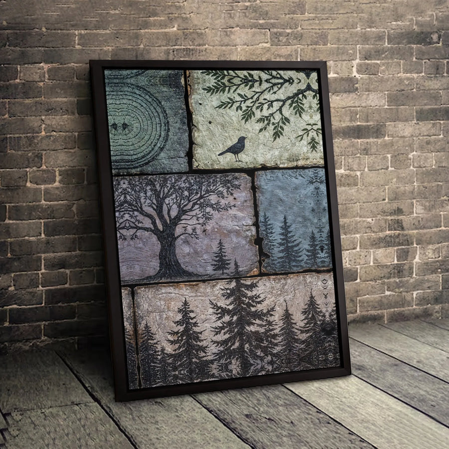 Rustic Nature Wall Art | Woodland Tree Ring and Forest Collage Print | Premium Gallery Wrapped Canvas | Earthy Forest Home Decor Gift