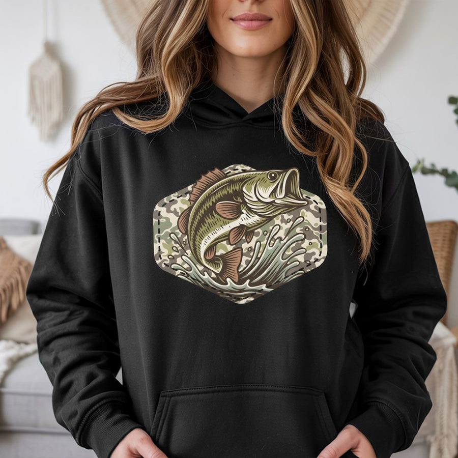 Bass Fishing Hoodie | Jumping Bass with Camo Background Design | Premium Cotton Blend | Gift for Angler Fisherman Dad Husband