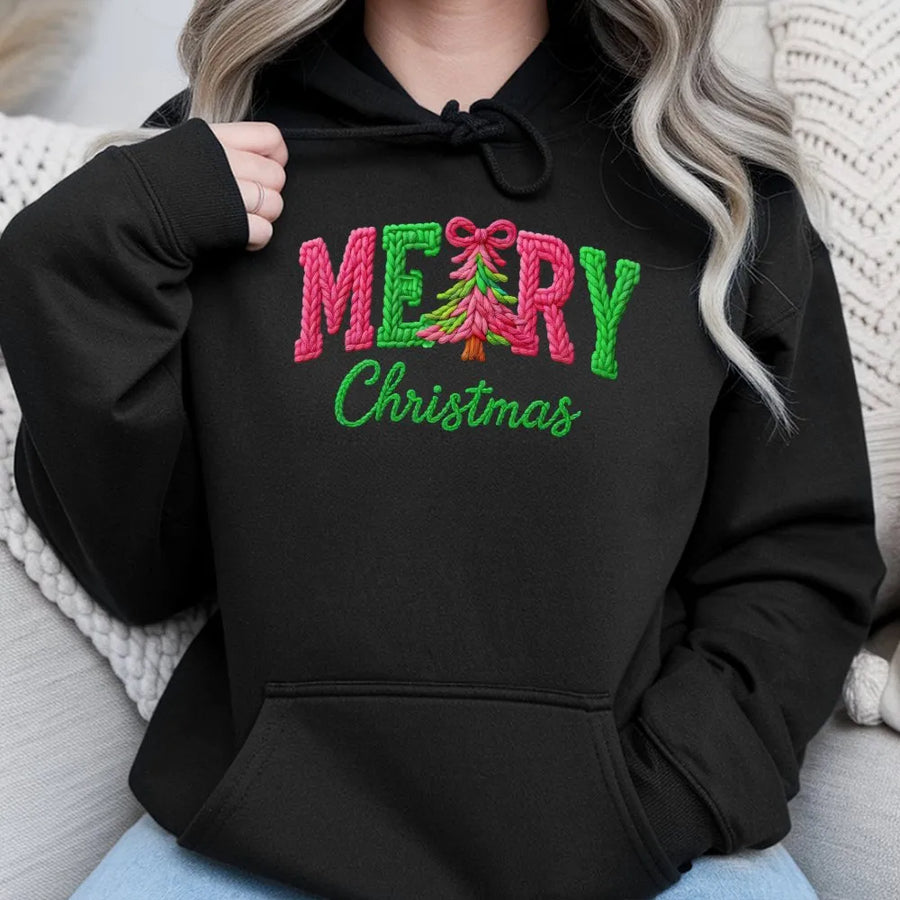 Merry Christmas Hoodie | Faux Yarn Knit Style Graphic | Premium Cotton Blend | Festive Holiday Gift for Women and Men