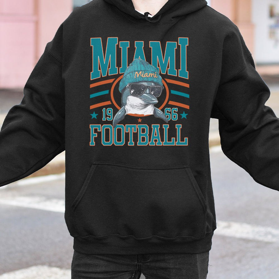 Miami 1966 Football With Dolphin Mascot Wearing Beanie And Sunglasses Hoodie