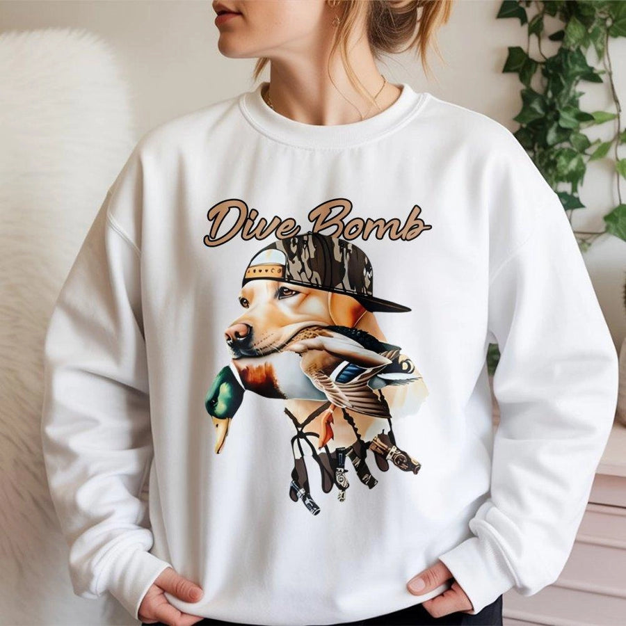 Labrador Duck Hunting Sweatshirt | Waterfowl Dog With Camo Hat Graphic | Premium Cotton Blend Crewneck | Outdoorsman Wildlife Gift For Hunters