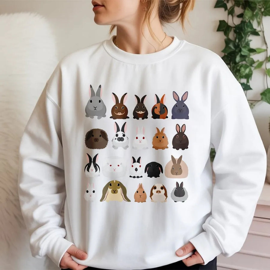 Rabbit Breeds Sweatshirt | Cute Bunny Illustration Graphic | Premium Cotton Blend Crewneck | Gift for Rabbit Owners and Animal Lovers