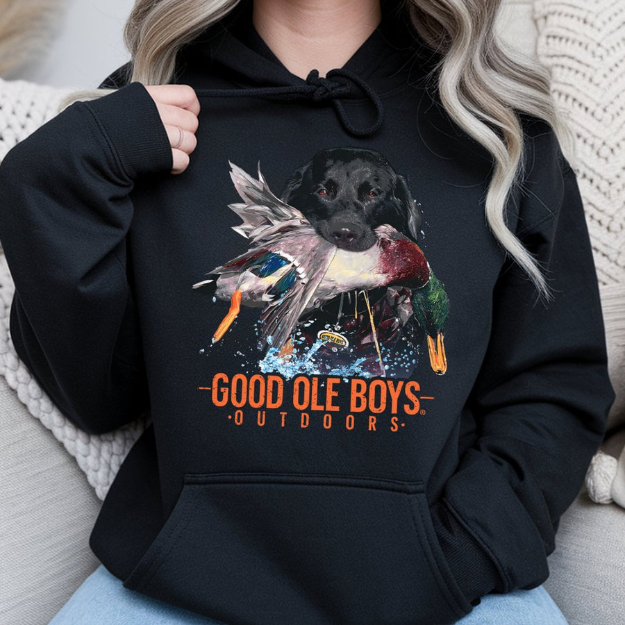Duck Hunting Dog Hoodie | Black Labrador Retriever Waterfowl Graphic | Premium Cotton Blend | Gift for Outdoorsmen and Sportsmen