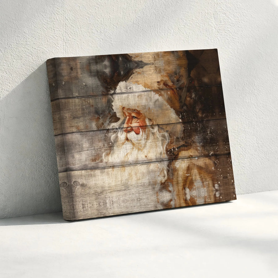 Rustic Santa Claus Portrait Wall Art | Vintage Wood Plank Christmas Decor | Premium Gallery Canvas | Holiday Gift for Living Room