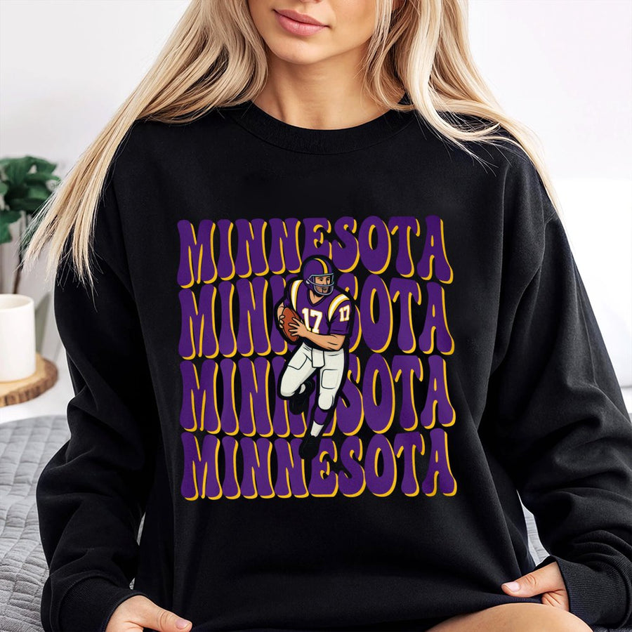 Minnesota Repeating Retro Text With A Minnesota Vikings Football Player Graphic Sweatshirt