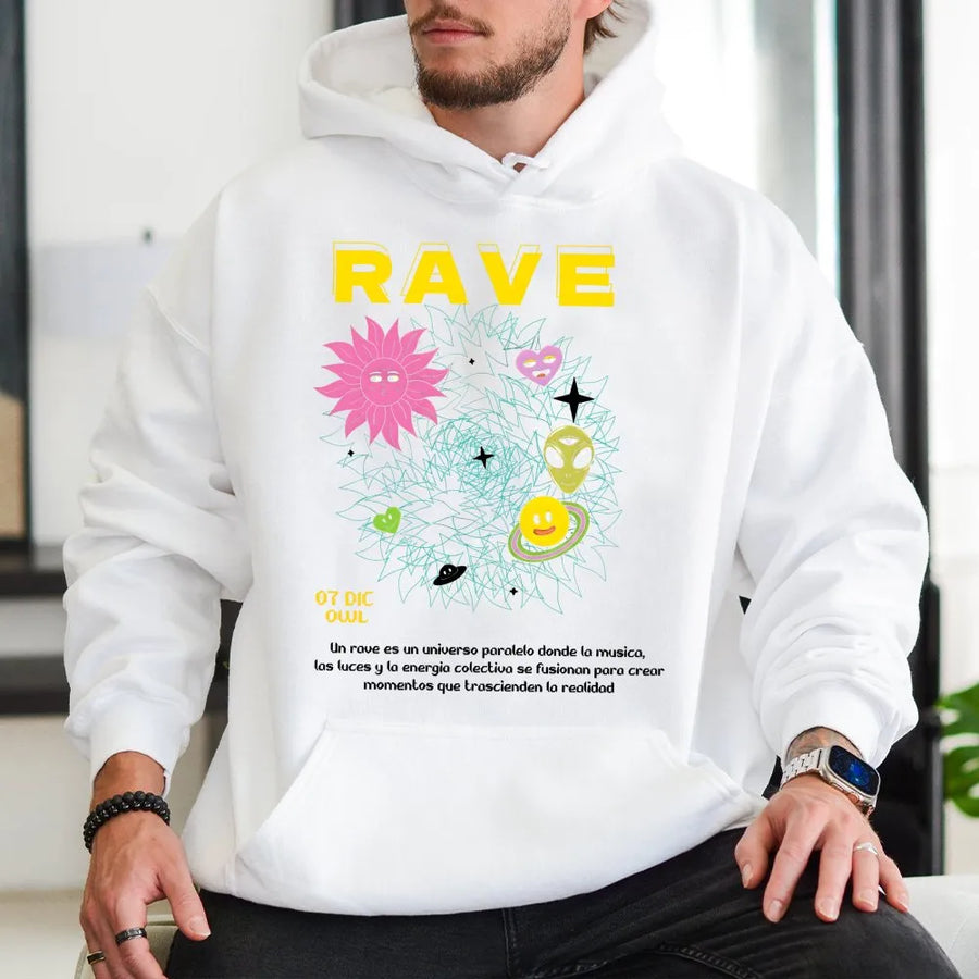Rave Hoodie | Alien Smiley Face Graphic Print | Premium Cotton-Poly Blend | Streetwear EDM Music Festival Gift For Men And Women