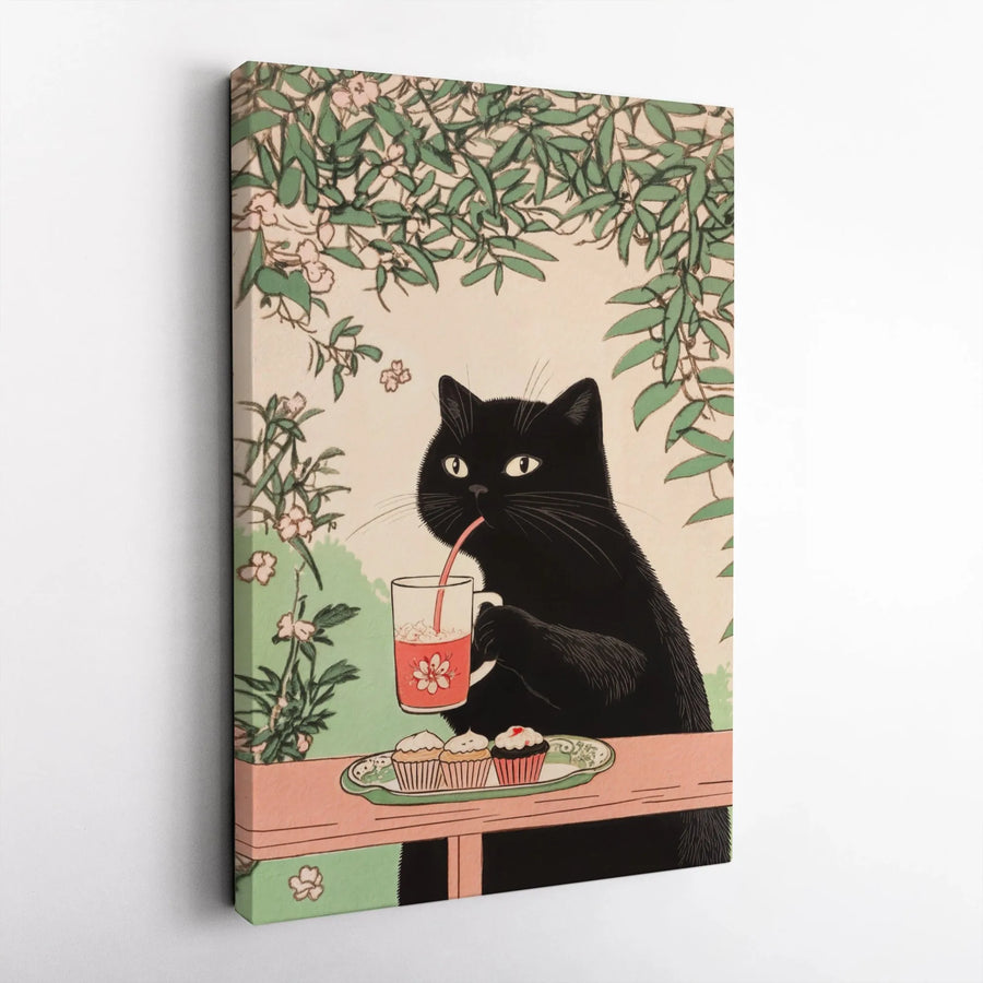 Black Cat Wall Art | Japanese Ukiyo-e Style Garden Tea Party | Premium Gallery Wrap Canvas | Whimsical Animal Lover Gift