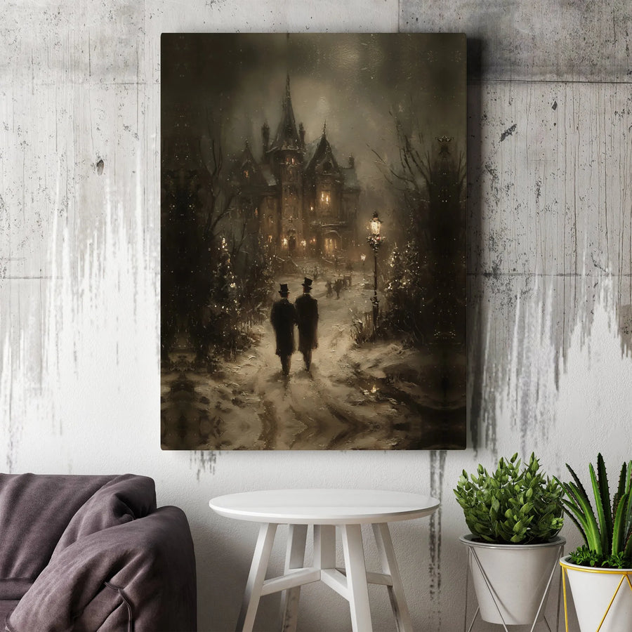 Gothic Victorian Mansion Canvas Print | Snowy Christmas Night Winter Landscape | Premium Fade-Resistant Wall Art | Elegant Home Office Decor Gift