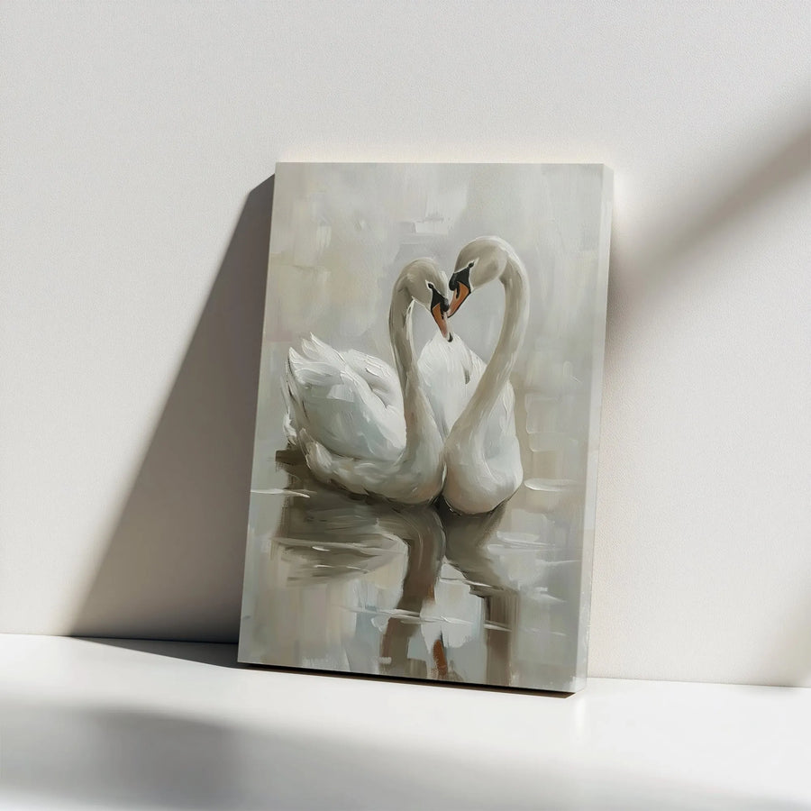 Romantic Swan Painting Canvas Wall Art | Painterly Style Bird Art with Heart Shape | Premium 1.25" Thick Gallery Wrap | Romantic Bedroom Decor Gift for Couple