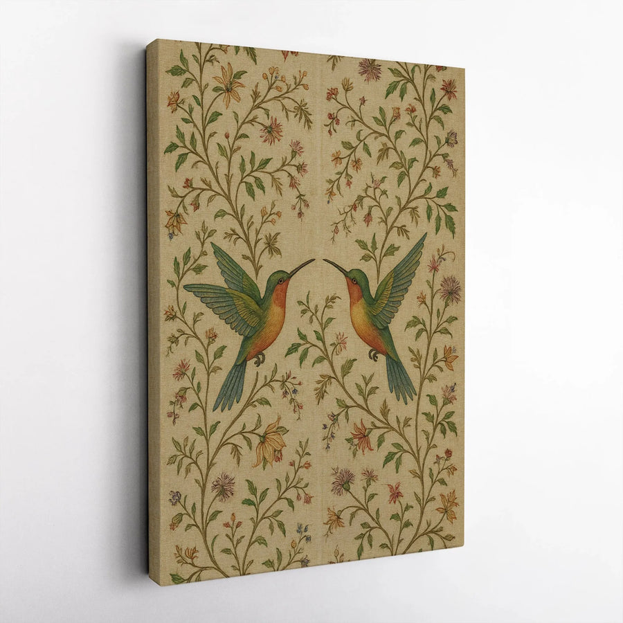 Hummingbird Wall Art Canvas | Vintage Symmetrical Floral Vine Print | Premium Gallery Wrap Decor | Nature Lover Gift Idea