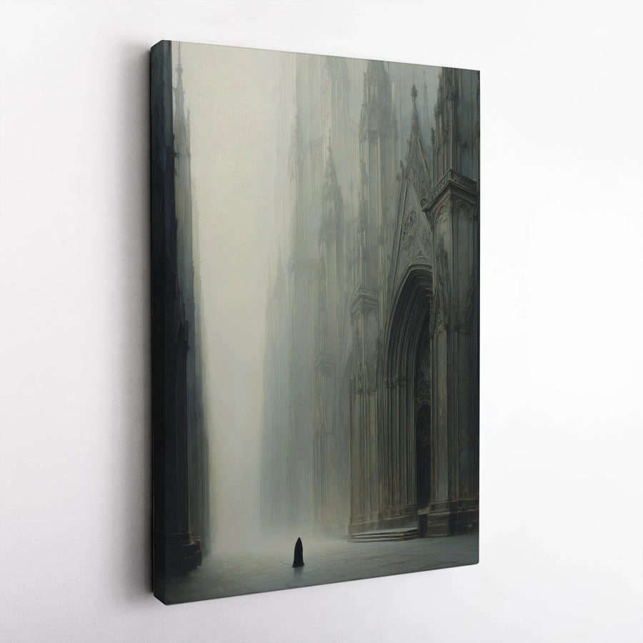 Gothic Cathedral Canvas Wall Art | Moody Cloaked Figure in Foggy Hallway | Premium Gallery Wrapped Canvas | Dark Academia Room Decor Gift