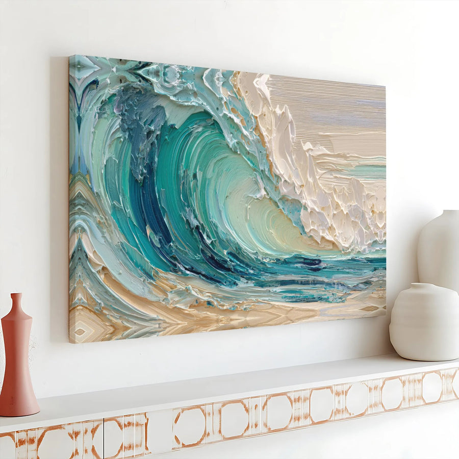Ocean Wave Canvas Wall Art | Textured Impasto Coastal Seascape | Premium Gallery Wrap Print | Modern Beach House Decor for Living Room