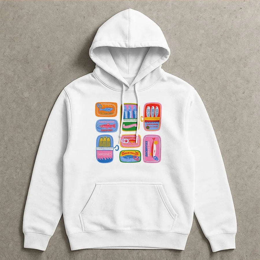 Tinned Fish Hoodie | Portuguese Sardine Can Art | Premium Cotton-Blend | Unique Preppy Foodie Gift