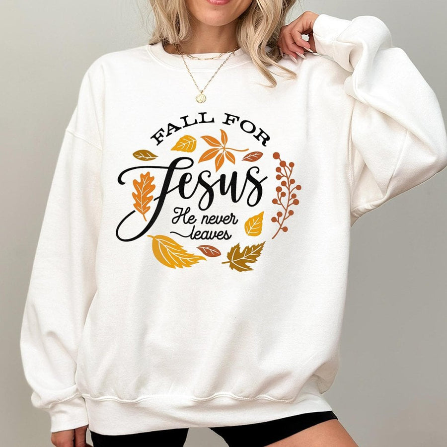 Fall For Jesus Sweatshirt | He Never Leaves Faith Design | Premium Cotton Blend Crewneck | Christian Autumn Apparel Gift for Women