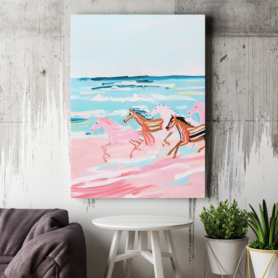Abstract Horse Canvas Wall Art | Pink Beach Equestrian Painting | Premium Gallery Wrap Print | Modern Coastal Decor for Bedroom or Living Room