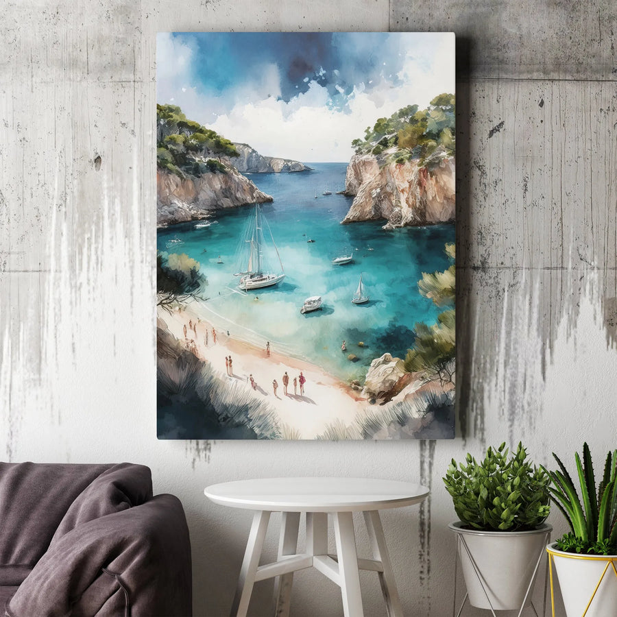 Coastal Cove Vertical Canvas | Watercolor Sailboat Seascape | Premium Gallery Wrapped Canvas | Nautical Home Decor Gift