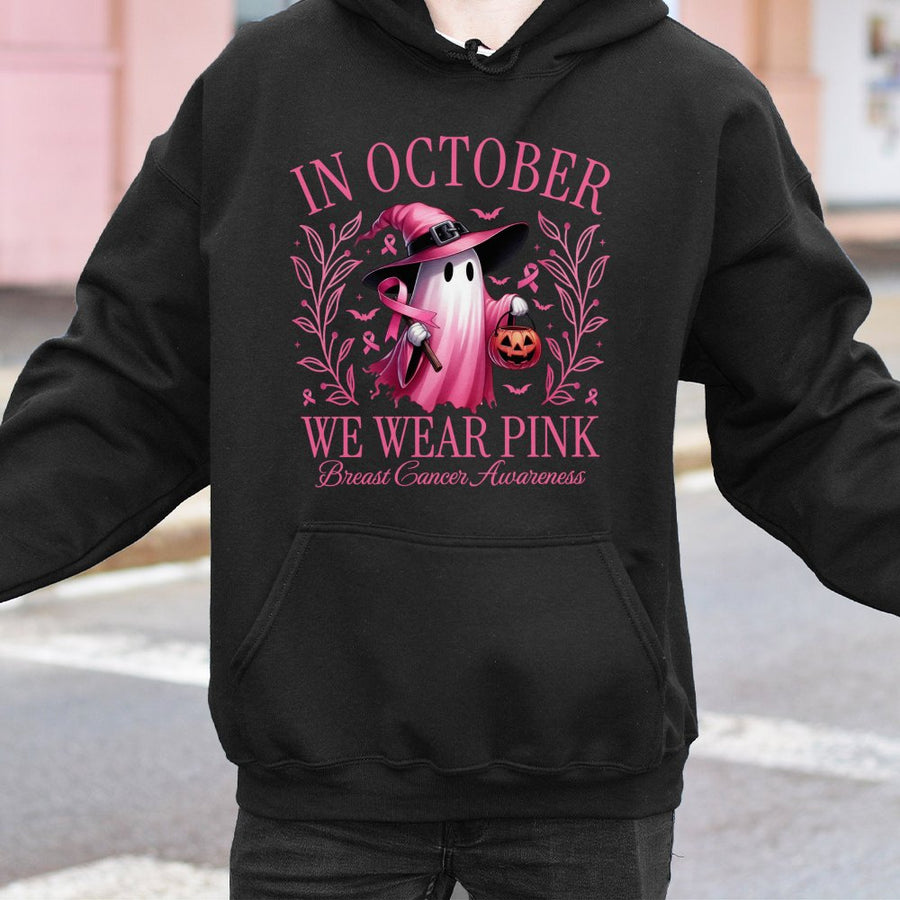 Breast Cancer Awareness Hoodie | In October We Wear Pink Ghost Design | Premium Cotton Blend | Gift For Cancer Fighters And Survivors