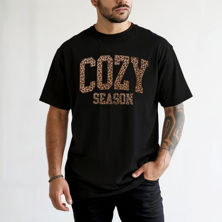 Cozy Season T-Shirt | Leopard Print Graphic Lettering | 100% Premium Cotton Tee | Women's Trendy Fall Aesthetic Apparel Gift