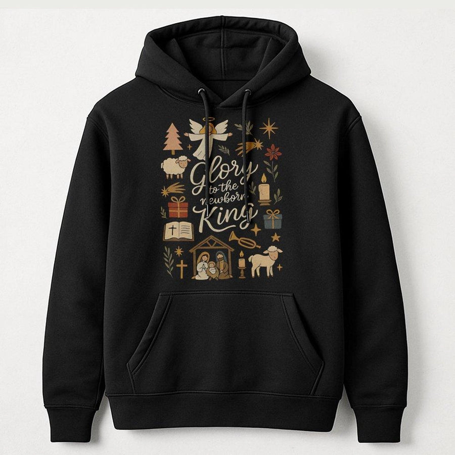 Glory To The Newborn King Hoodie | Christian Nativity Doodle Art | Premium Cotton Blend | Religious Christmas Gift For Her