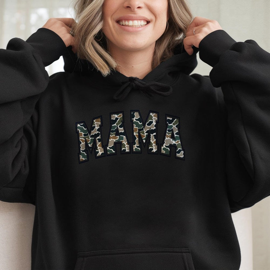 Mama Camo Hoodie | Varsity Letter Print Graphic Sweatshirt | Cotton-Polyester Blend | Trendy Mom Life Gift for Her