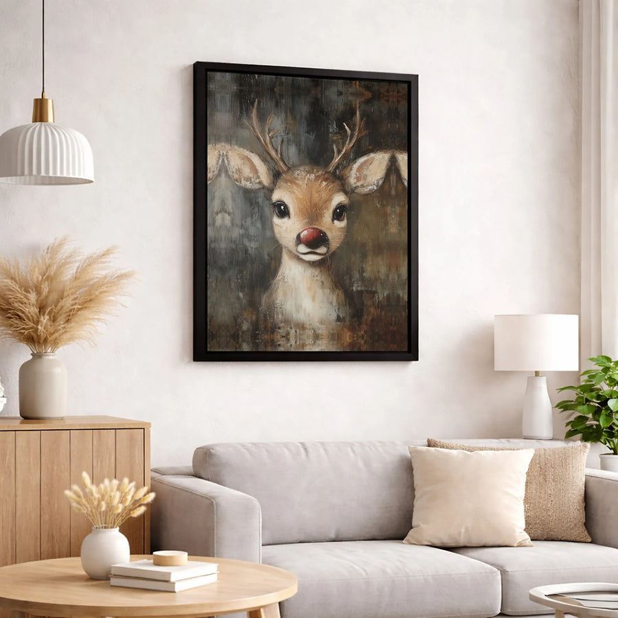 Red Nosed Reindeer Canvas Art | Vintage Style Baby Deer Portrait | Premium Gallery Wrapped Print | Holiday Wall Decor Gift for Kids