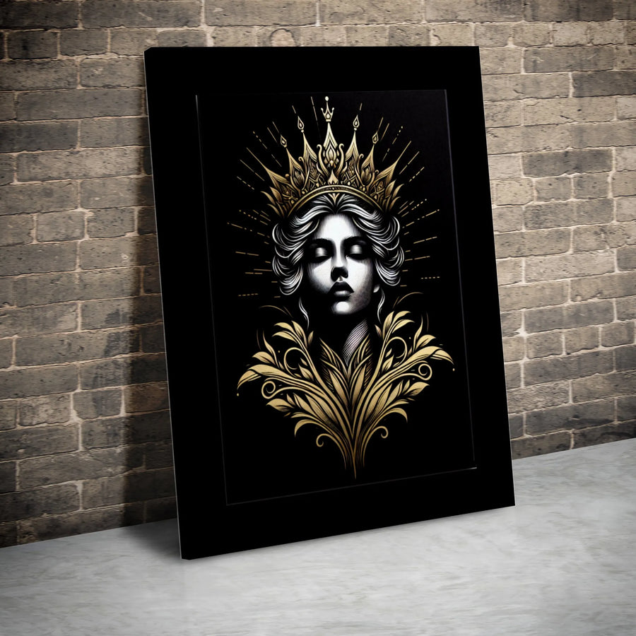 Regal Queen Wall Art | Gold Crown Ornate Portrait Canvas | Premium Gallery Wrapped Print | Sophisticated Home Decor Gift